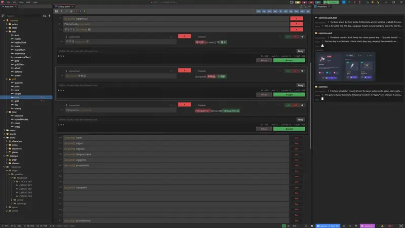 Tłumaczenie wsadowe w LS Dialog Editor: porównanie kwestii przed/po w dziesięciu językach