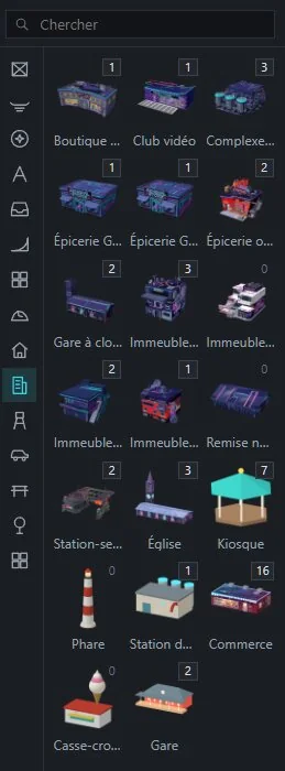 The list of buildings and pieces to place.
