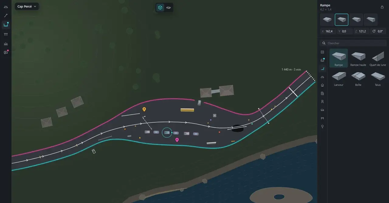 The course editor: a track seen from above and the list of pieces to place.