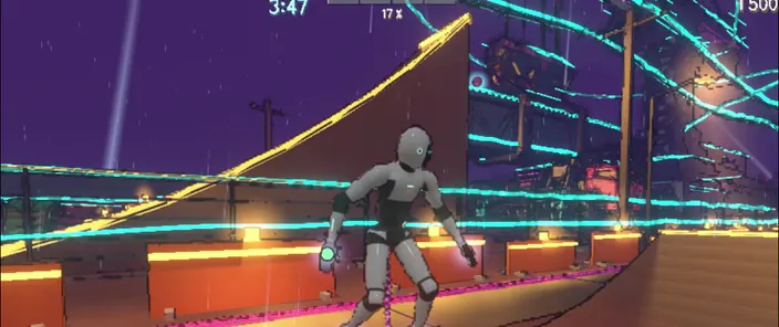 The skater seen from behind on a neon beach, in front of a hut.