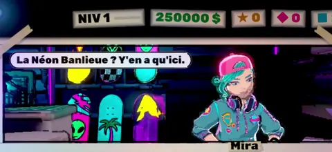 Mira, the Hover Deck Shop clerk, raises her arms in front of a wall of boards.