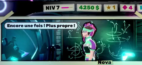 Nova, the coach at the training center, hanging from her bar in front of a blackboard.