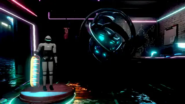 A skater practices on the test track, a platform floating in a dark room.