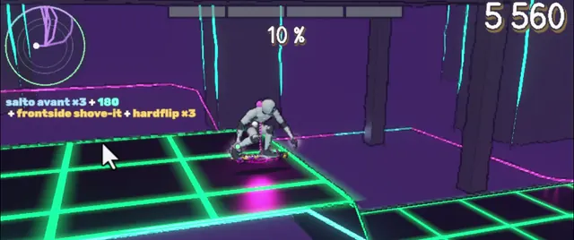 A skater grinds along a rail on a neon construction site, side view.