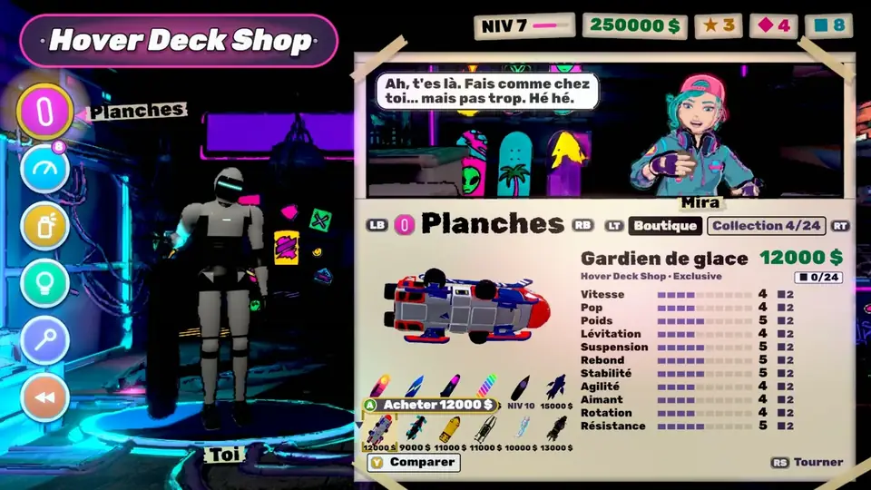 The Hover Deck Shop screen: the list of boards and their strengths.