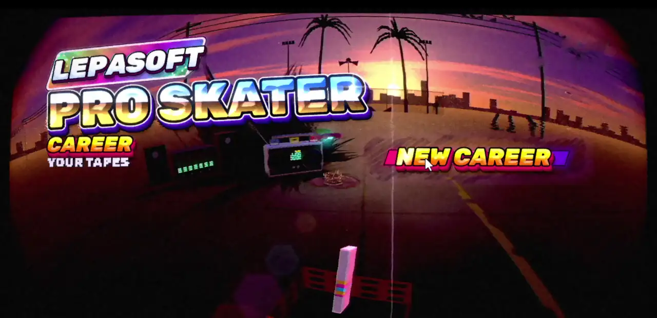 Game preview: a skater rides through a neon city on a hoverboard.